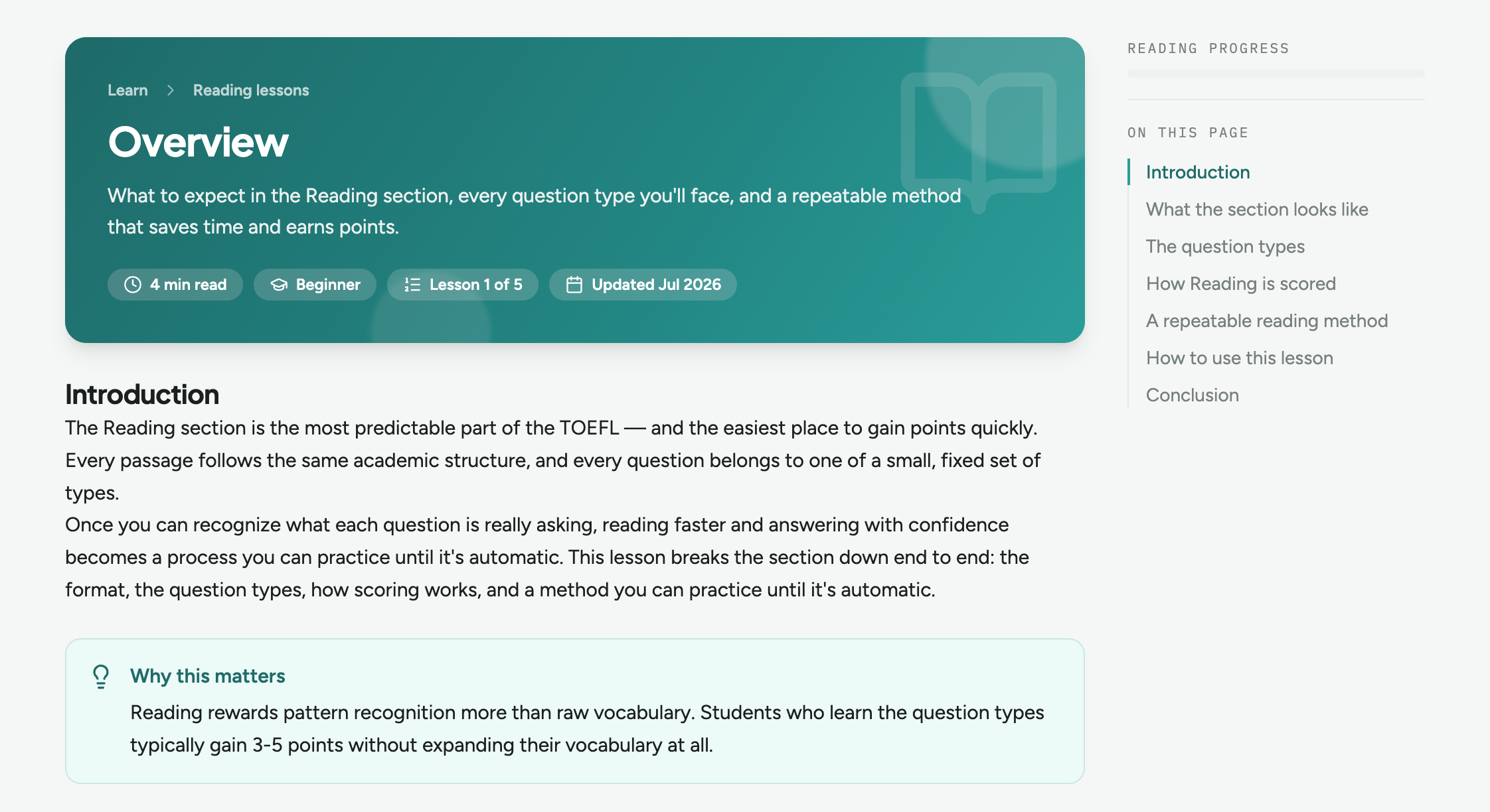 Reading lesson breaking down each question type, from Factual & Negative Factual to Prose Summary